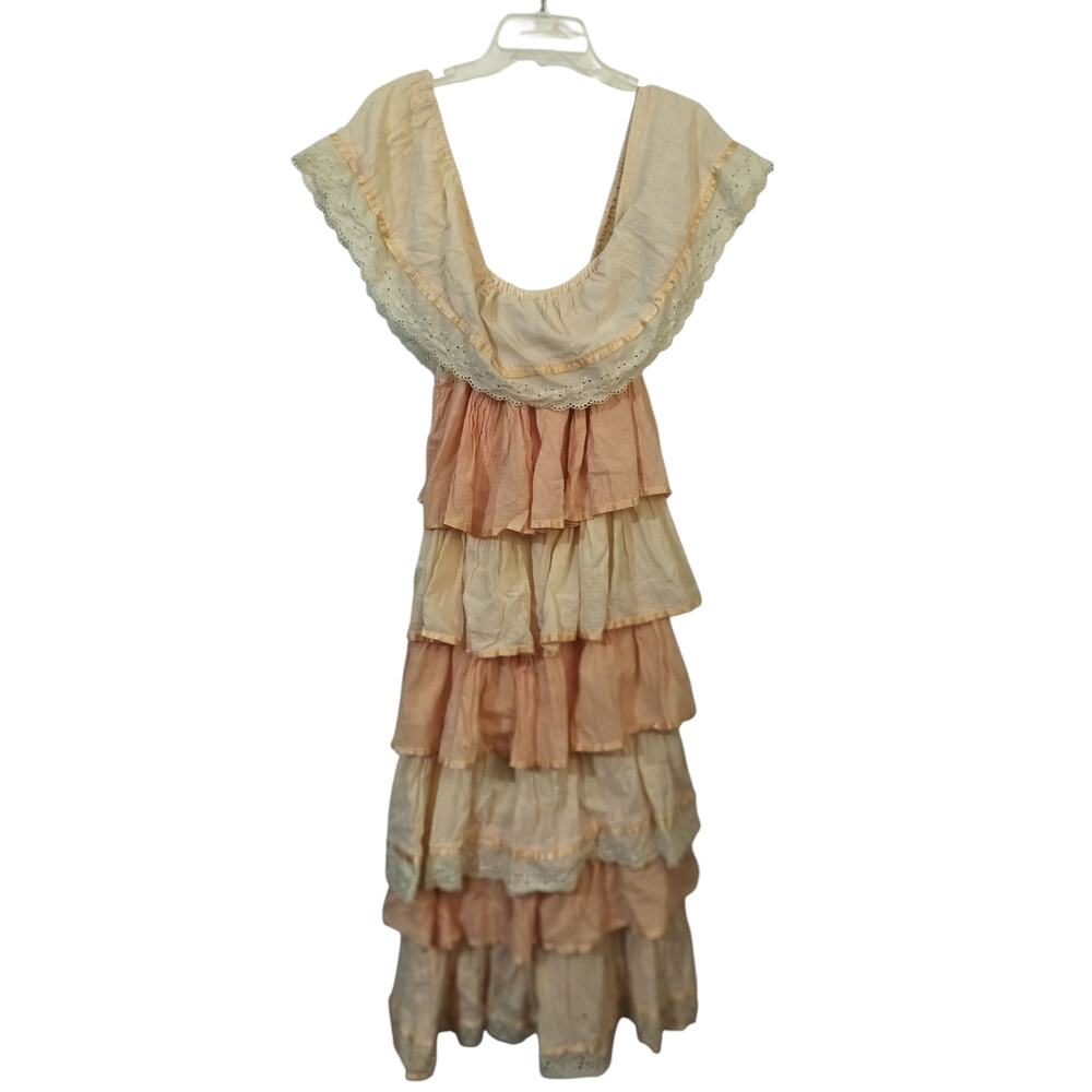 4129)Vtg 70s Young Edwardian Peach Beige Tiered Ruffle Long Victorian Dress Sz 7